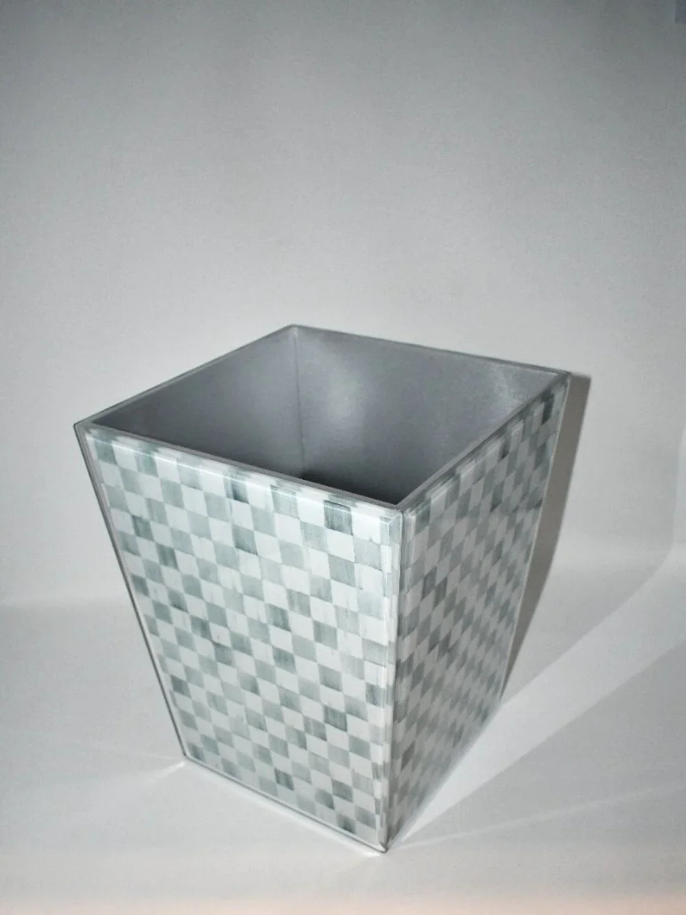 Mackenzie Childs Sterling Check Glass Waste Bin #44102-0540 NIB Details: Printed